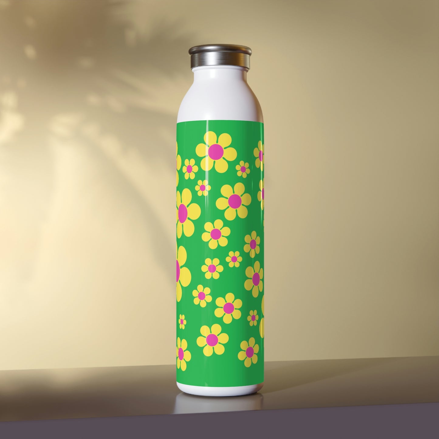 Slim Water Bottle Yellow Daisy Green Background