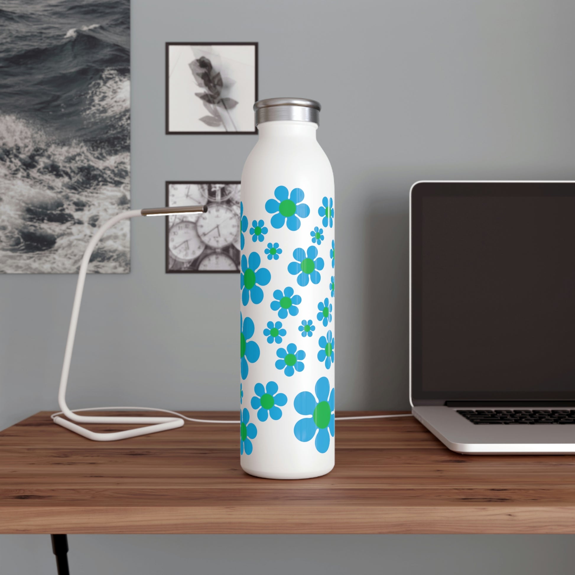 Slim Water Bottle Blue Daisy