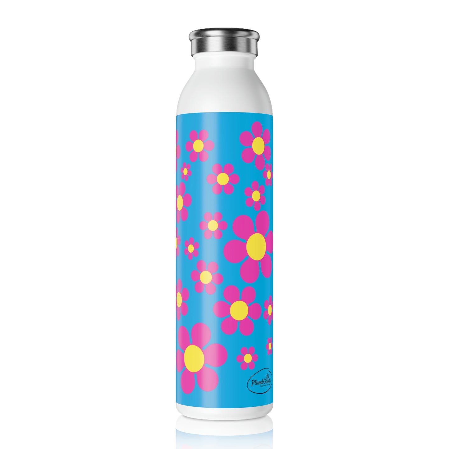 Slim Water Bottle Pink Daisy Blue Background