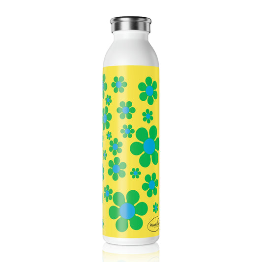 Slim Water Bottle Green Daisy Yellow Background
