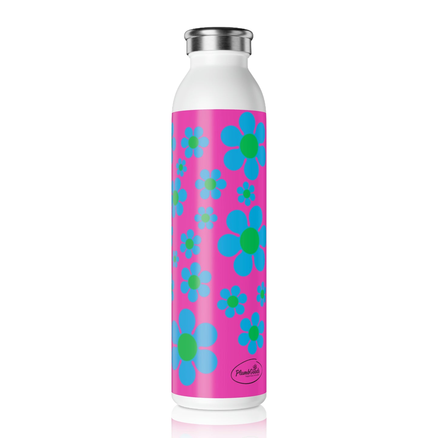 Slim Water Bottle Blue Daisy Pink Background