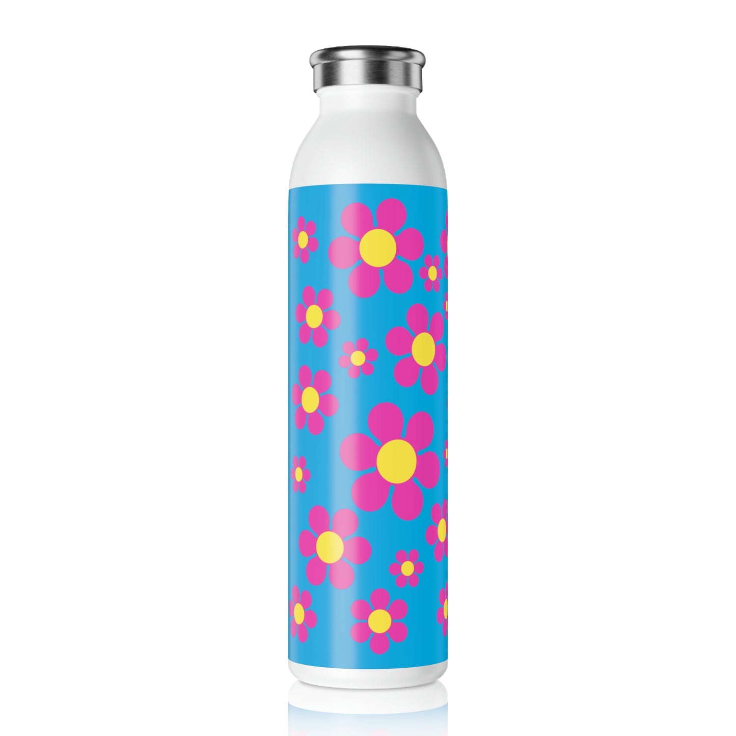 Slim Water Bottle Pink Daisy Blue Background