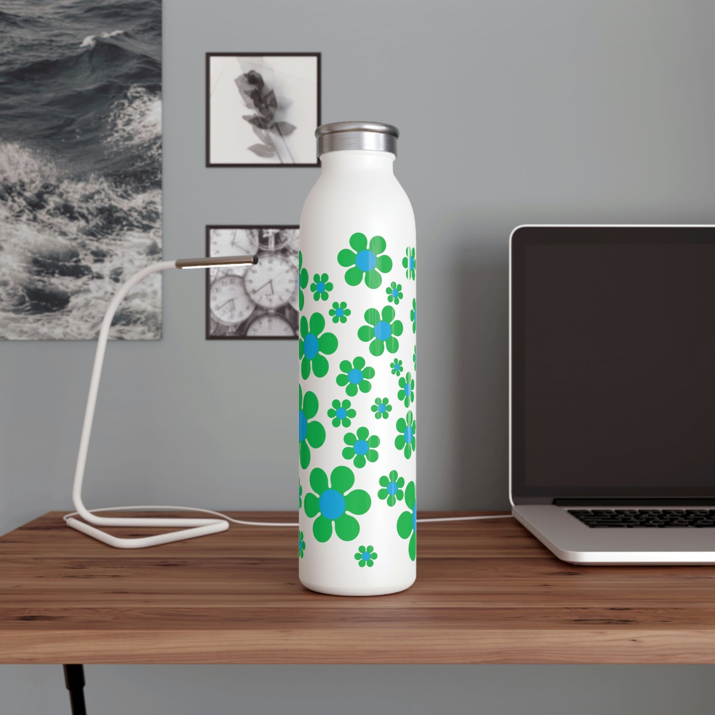 Slim Water Bottle Green Daisy