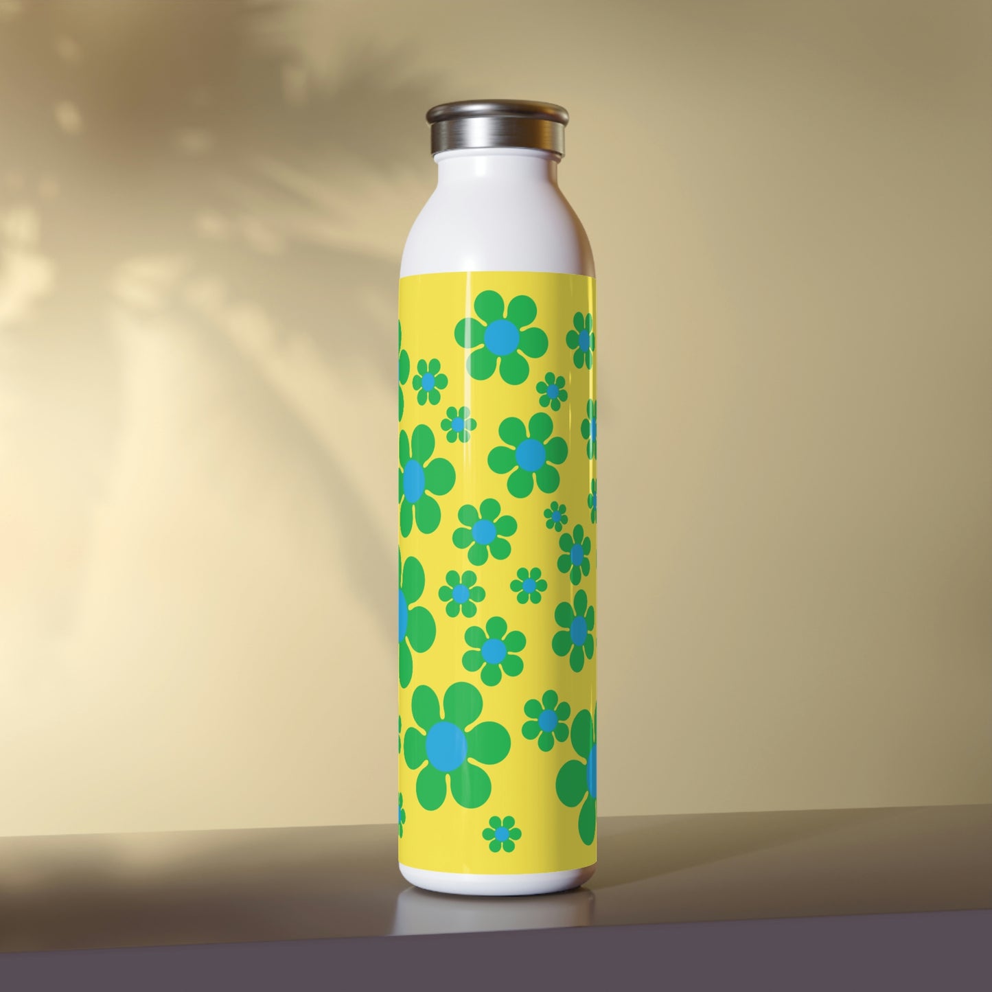 Slim Water Bottle Green Daisy Yellow Background
